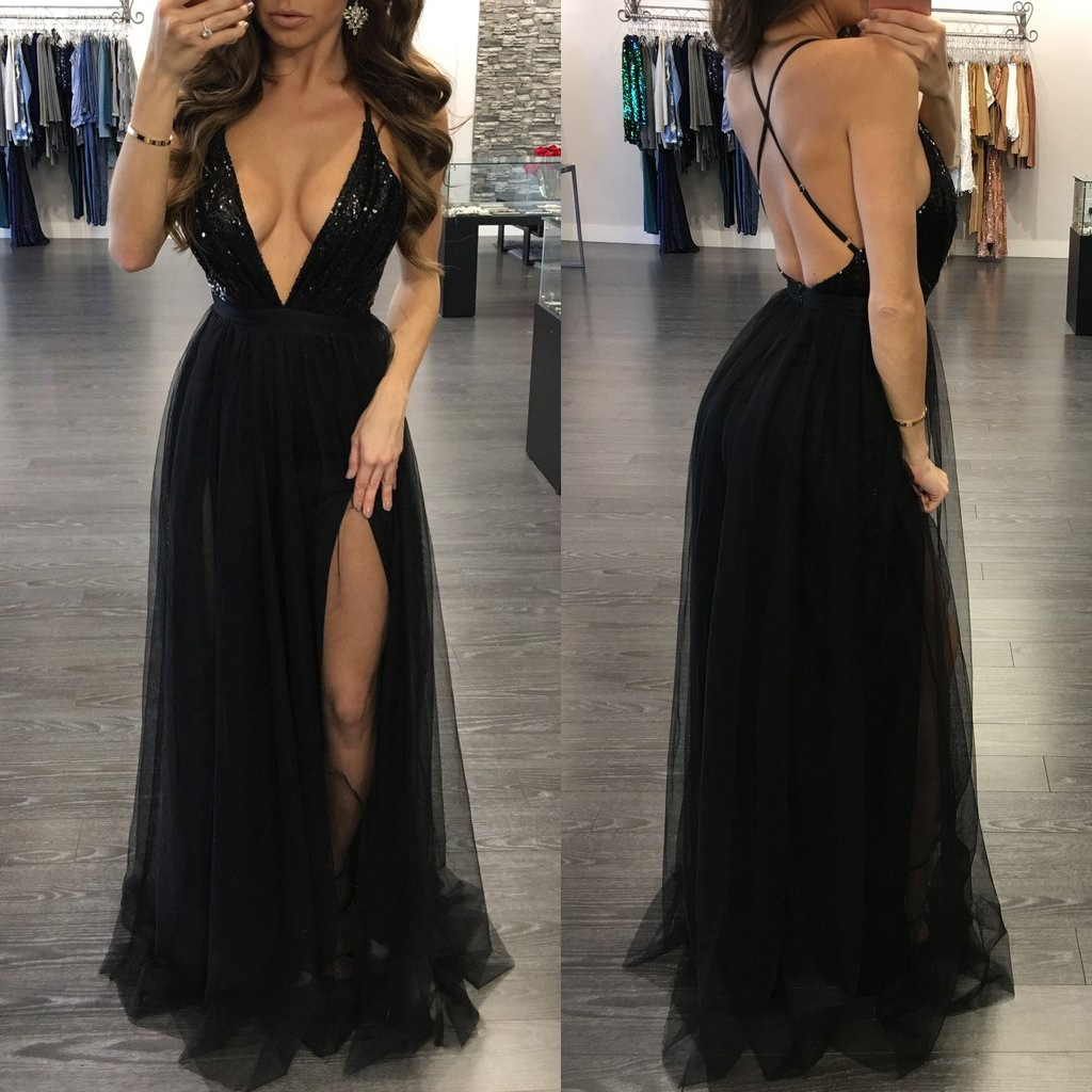 Black Deep V Neck Sleeveless Long Evening Slit Dress