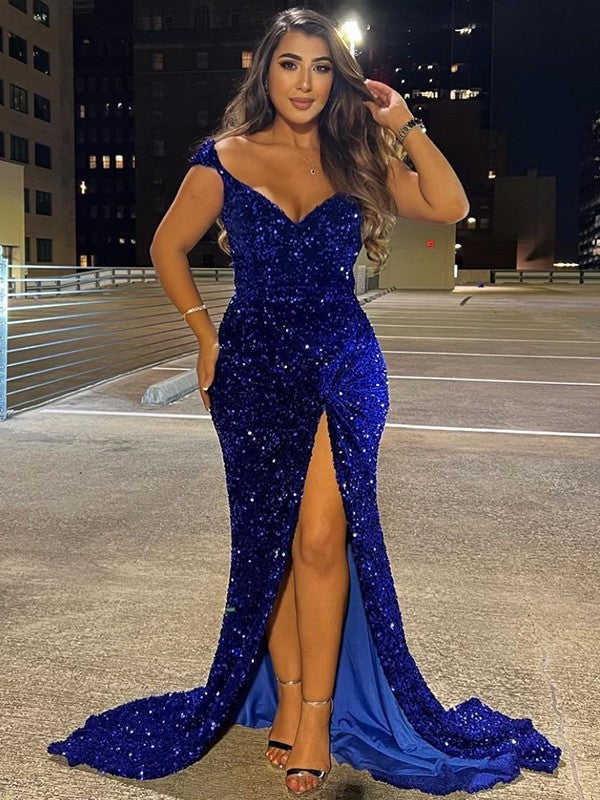 Blue Sequin Brush Train Long Evening Slit Dress