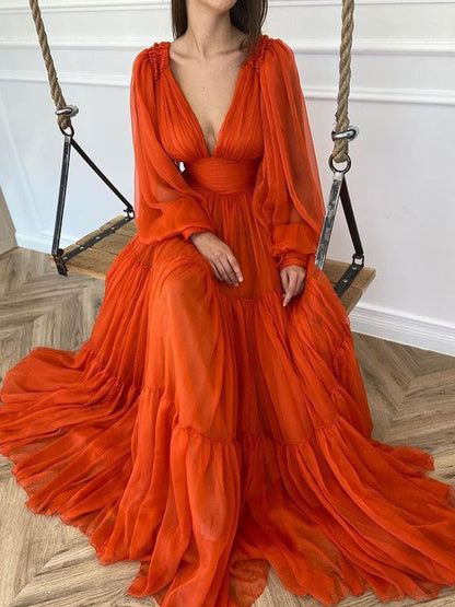 Orange Red Deep V Neck Full Sleeves Long Evening Dress