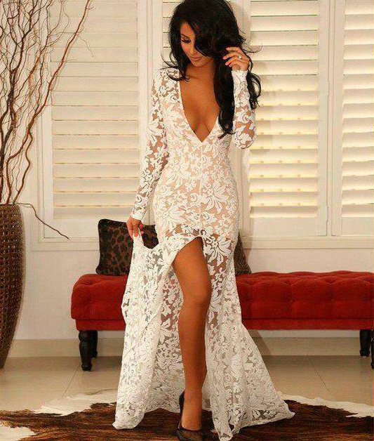 White Lace Embroidered Long Evening Dress