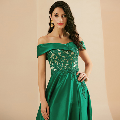 Green Embroidered Off-Shoulder Evening Slit Dress