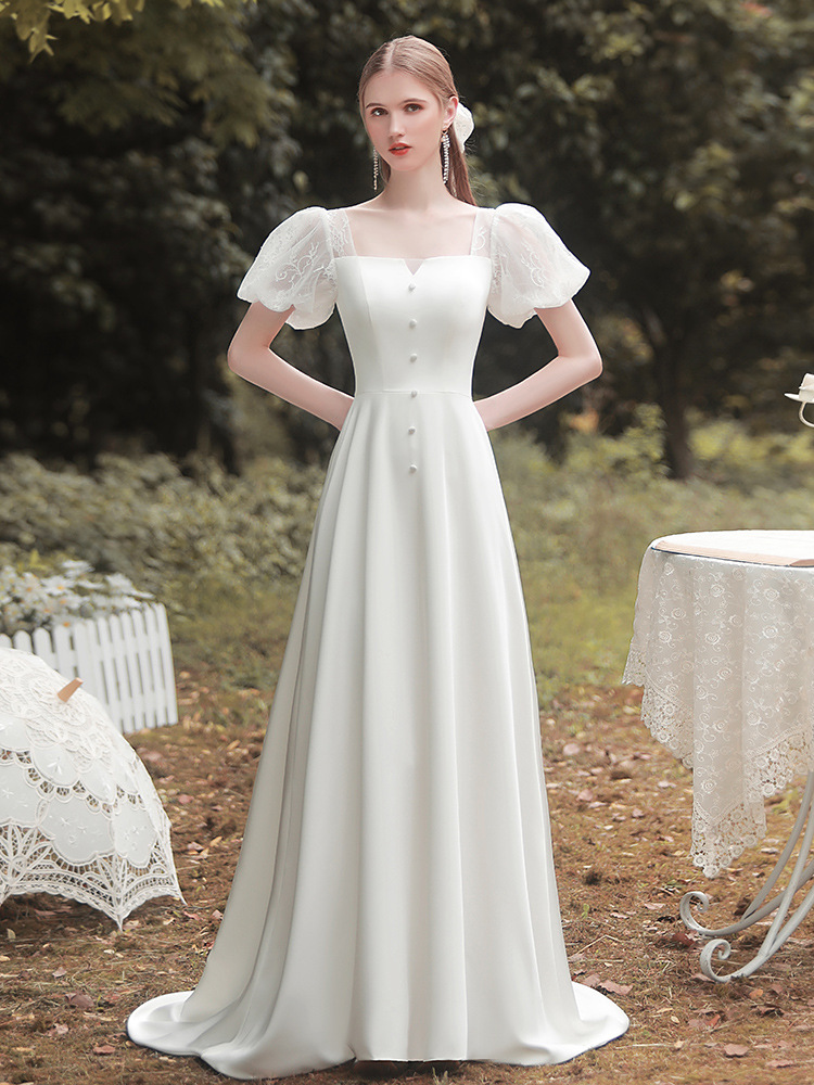 White Satin Short Puff Sleeves Long Wedding Dress