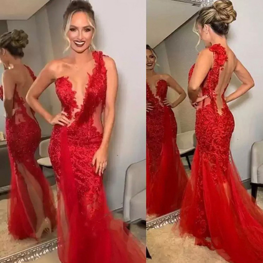 Red Deep V Neck Sleeveless Fishtail Evening Dress