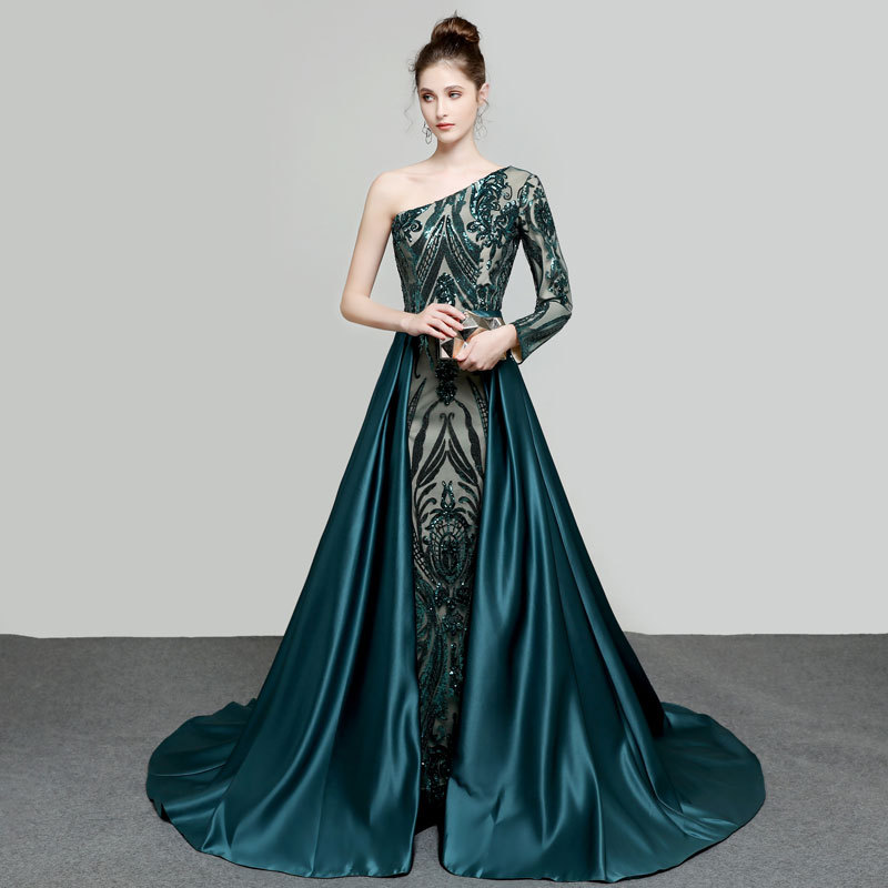 Green Oblique Shoulder Fishtail Evening Dress