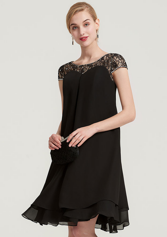 Black Jewel Neckline Short Sleeves Short Ruffle Bridesmaid Dress