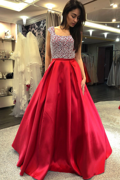 Crimson Square Neckline Backless Long Evening Dress