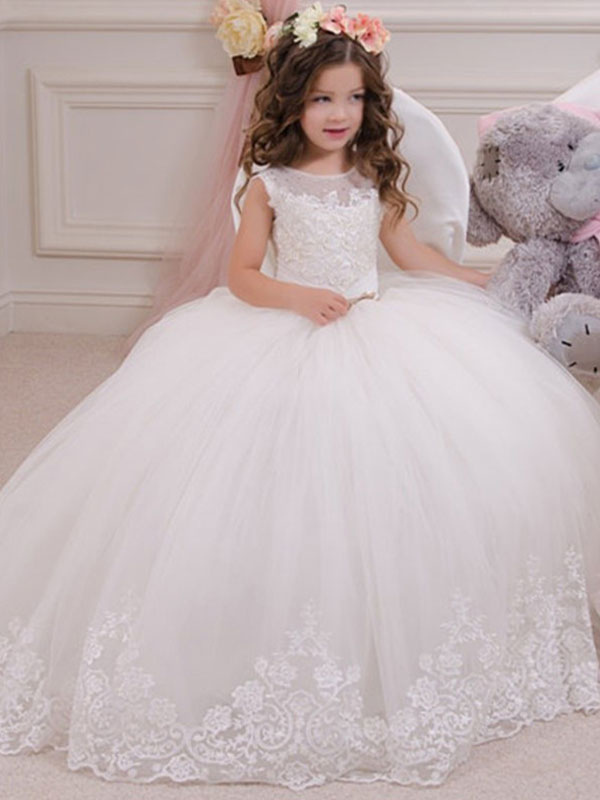 White Lace Applique Sleeveless Ball Gown Kids Wedding Dress