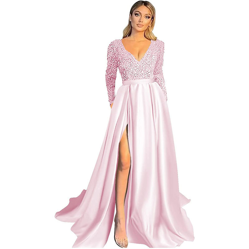 Sequin Deep V Neck Long Sleeves Slit Evening Dress