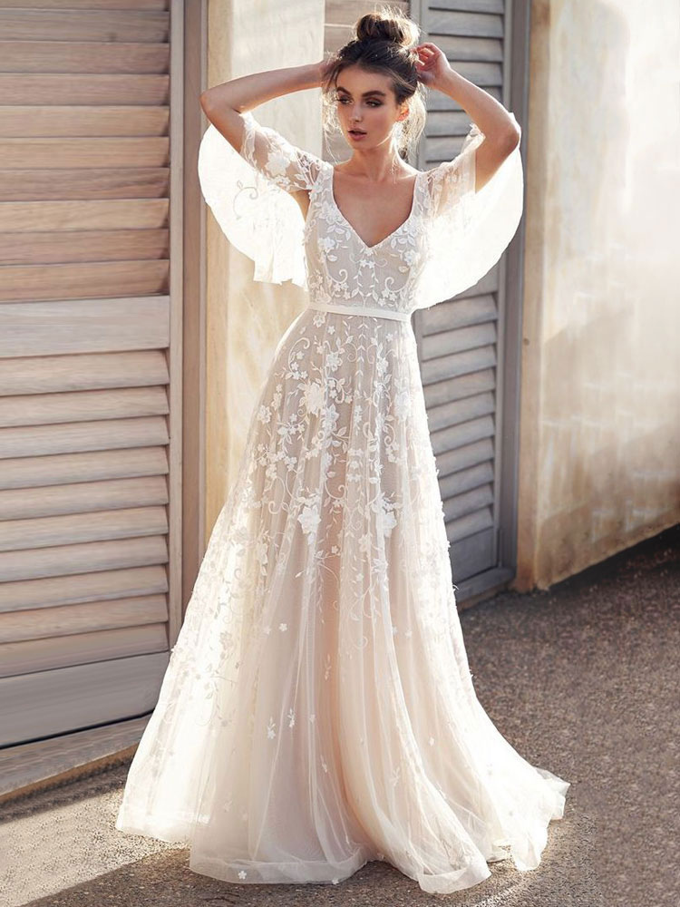 Lace V-Neck Short Sleeves Backless Boho Wedding Dress