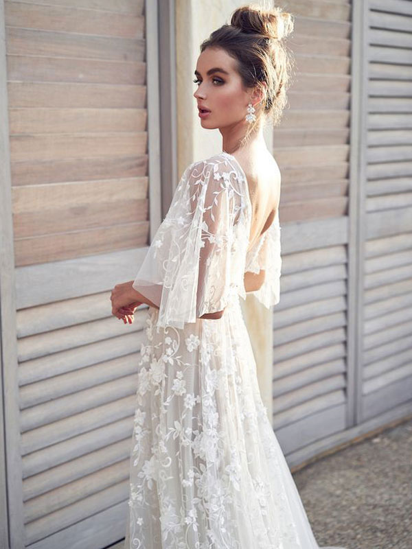 Lace V-Neck Short Sleeves Backless Boho Wedding Dress