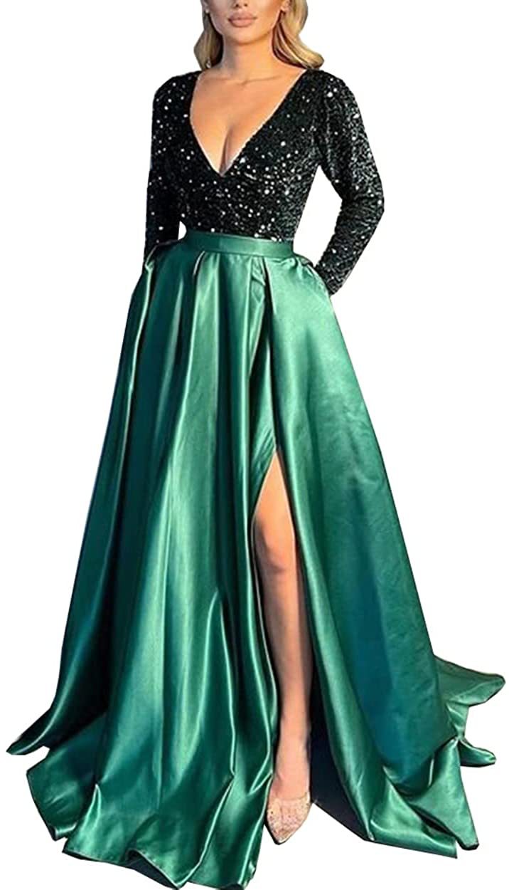 Deep V-Neck Long Sleeve Split Prom Dress