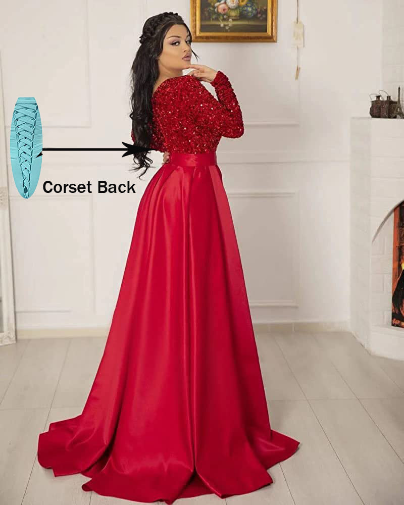 Deep V-Neck Long Sleeve Split Prom Dress