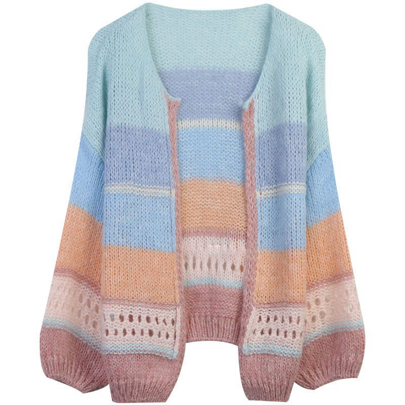 Sky Blue Hand-knitted Contrast Color Loose Cardigan