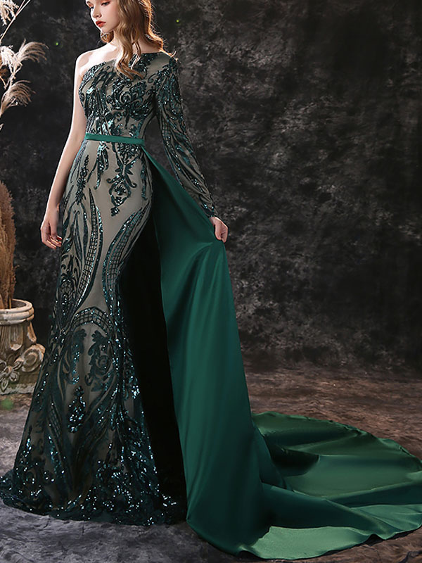 Green One Shoulder Brush Train Evening Dress