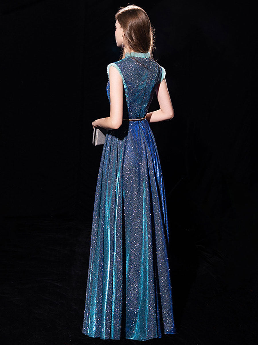 Steel Blue Jewel Neck Sequined Floor-Length Formal Bridesmaid Dress