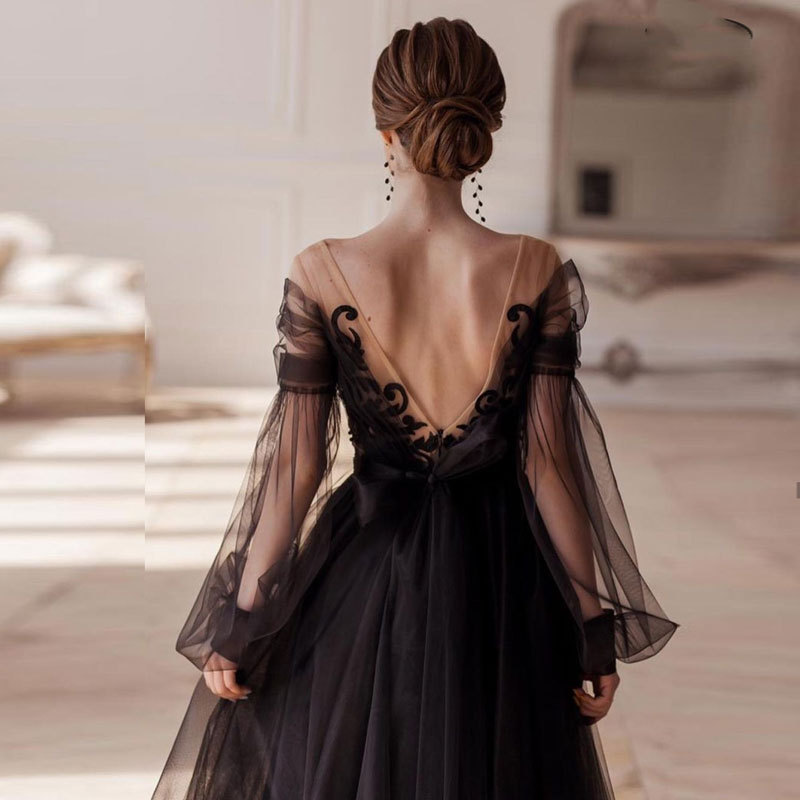 Black Long Bubble Sleeves Evening Dress