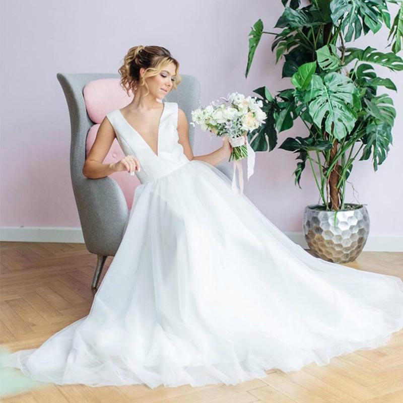 Deep V Neck Open Back Wedding Dress