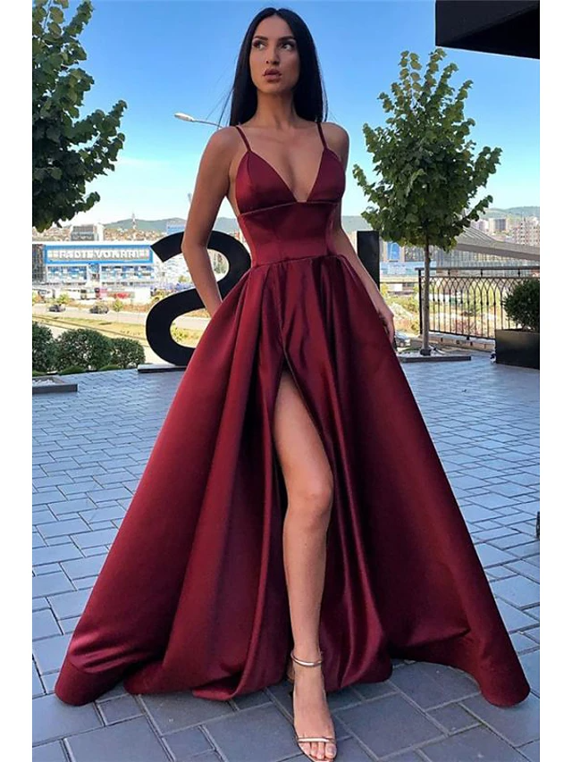 Satin Spaghetti Strap Sleeveless Floor Length Split Front Prom Dress