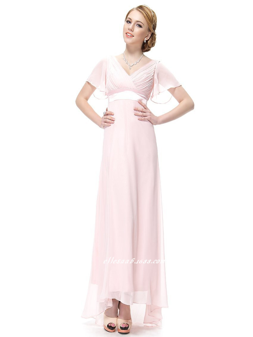 Deep V Neck Short Sleeves Bridesmaid Dress