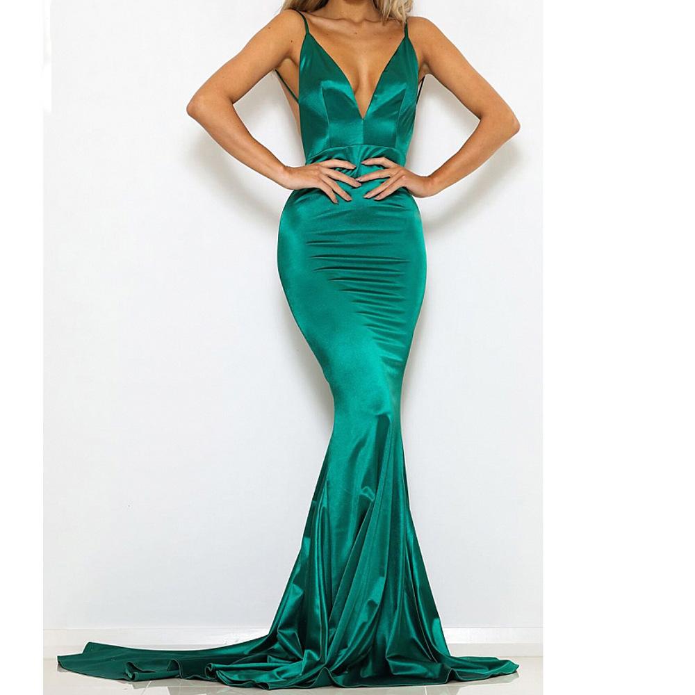 Satin Back Less Mermaid Long Evening Dress