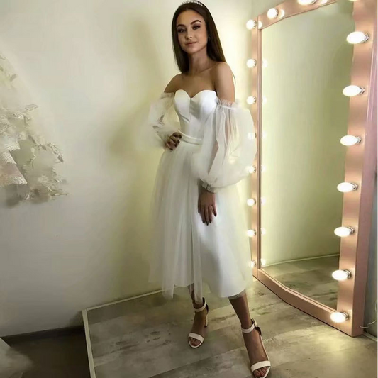 White Strapless Long Puff Sleeves Short Evening Dress