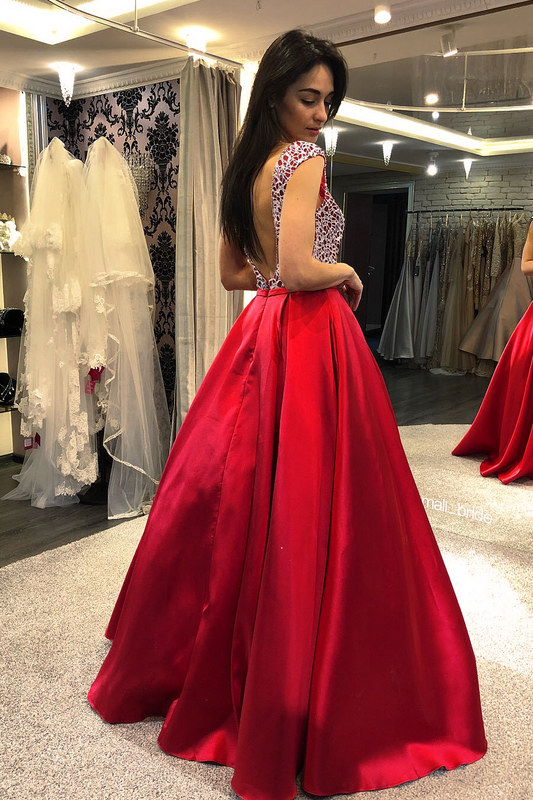 Crimson Square Neckline Backless Long Evening Dress