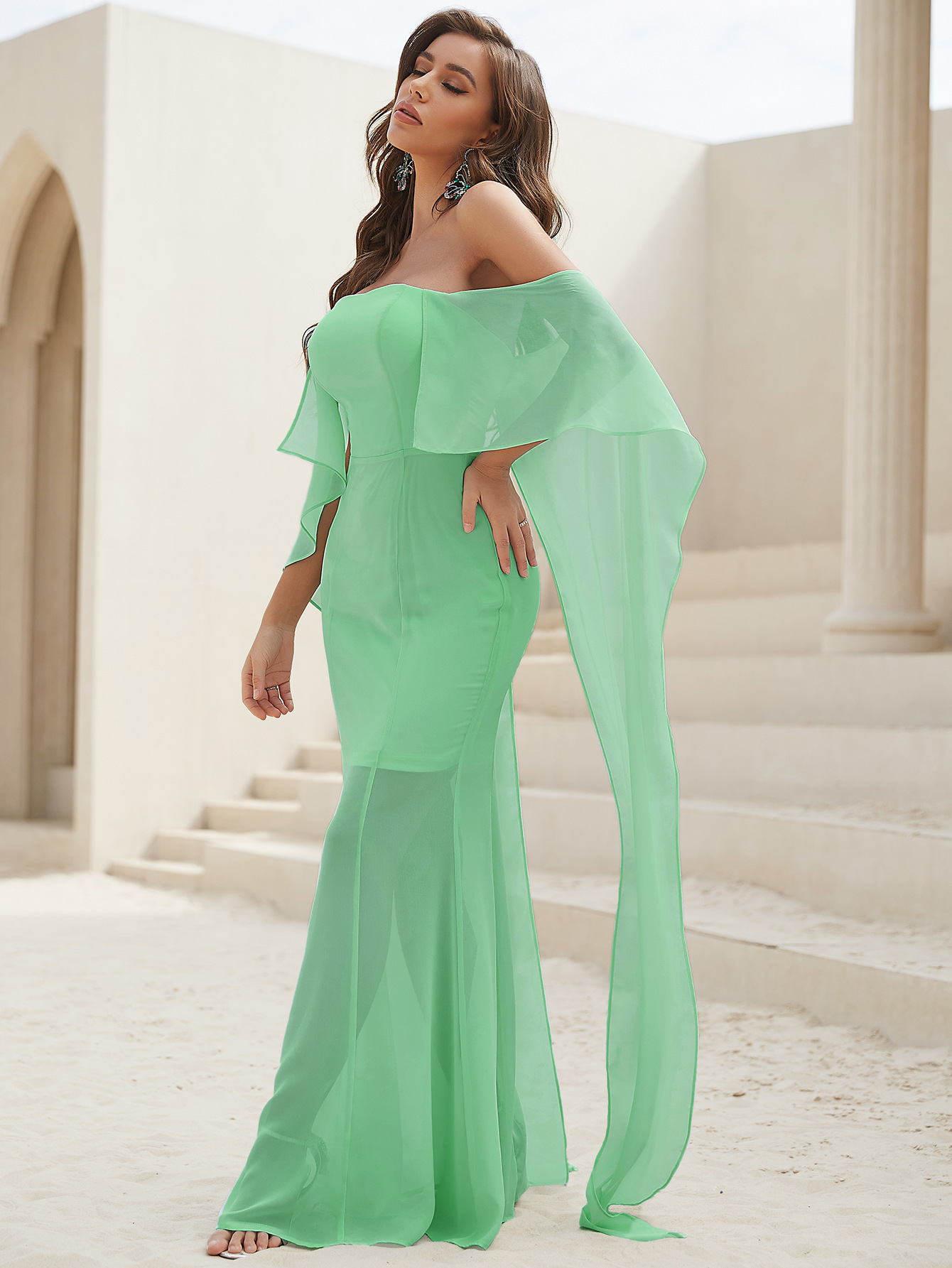 Off-Shoulder Long Chiffon Bridesmaid Dress