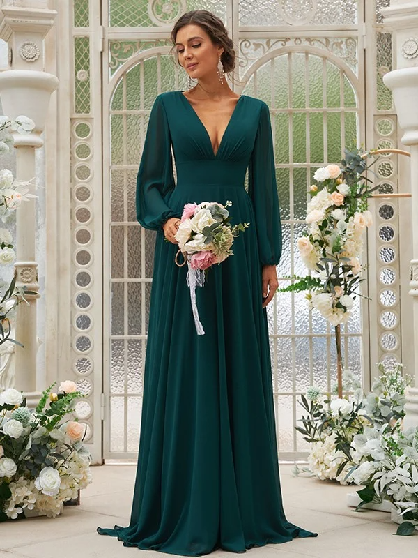 Deep V-Neck Long Sleeves Maxi Bridesmaid Dress