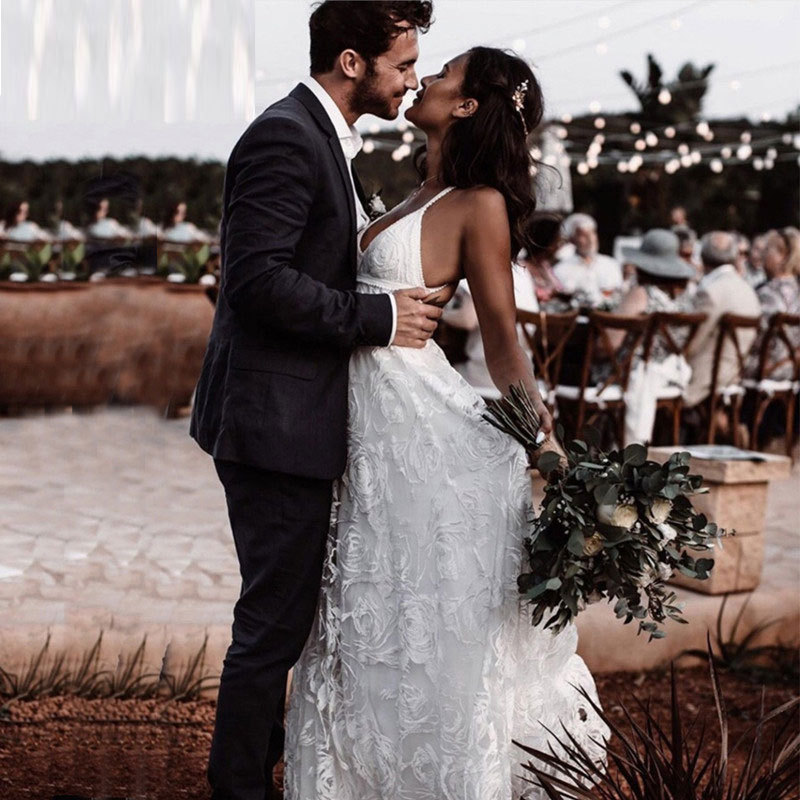 Lace White Backless Wedding Dress