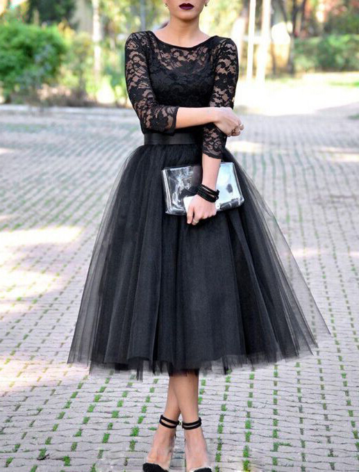 Black Mesh Pleated Evening Dress