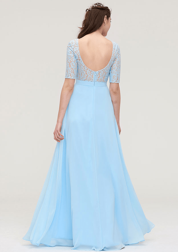 A-Line Sky Blue Lace Half Sleeves Maxi Bridesmaid Dress