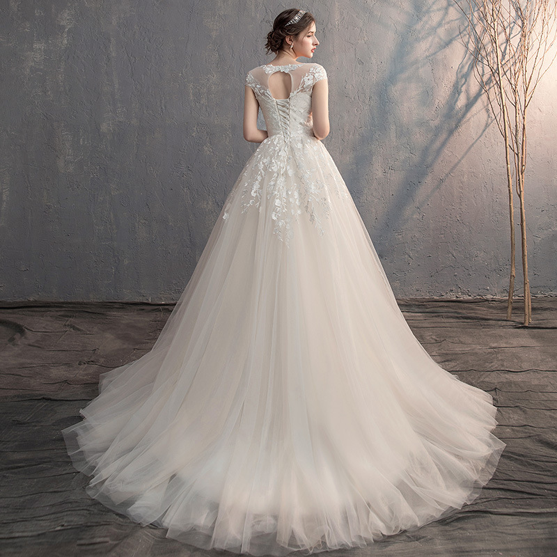 Ivory Round Neck Lace Embroidered Wedding Dress