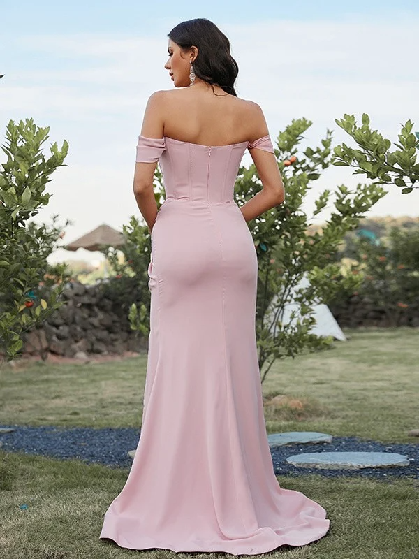 Satin Off-Shoulder Sleeveless Thigh High Split Bridesmaid Dress