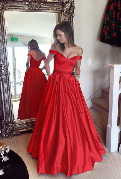 Satin A-Line Off-Shoulder Sleeveless Evening Dress