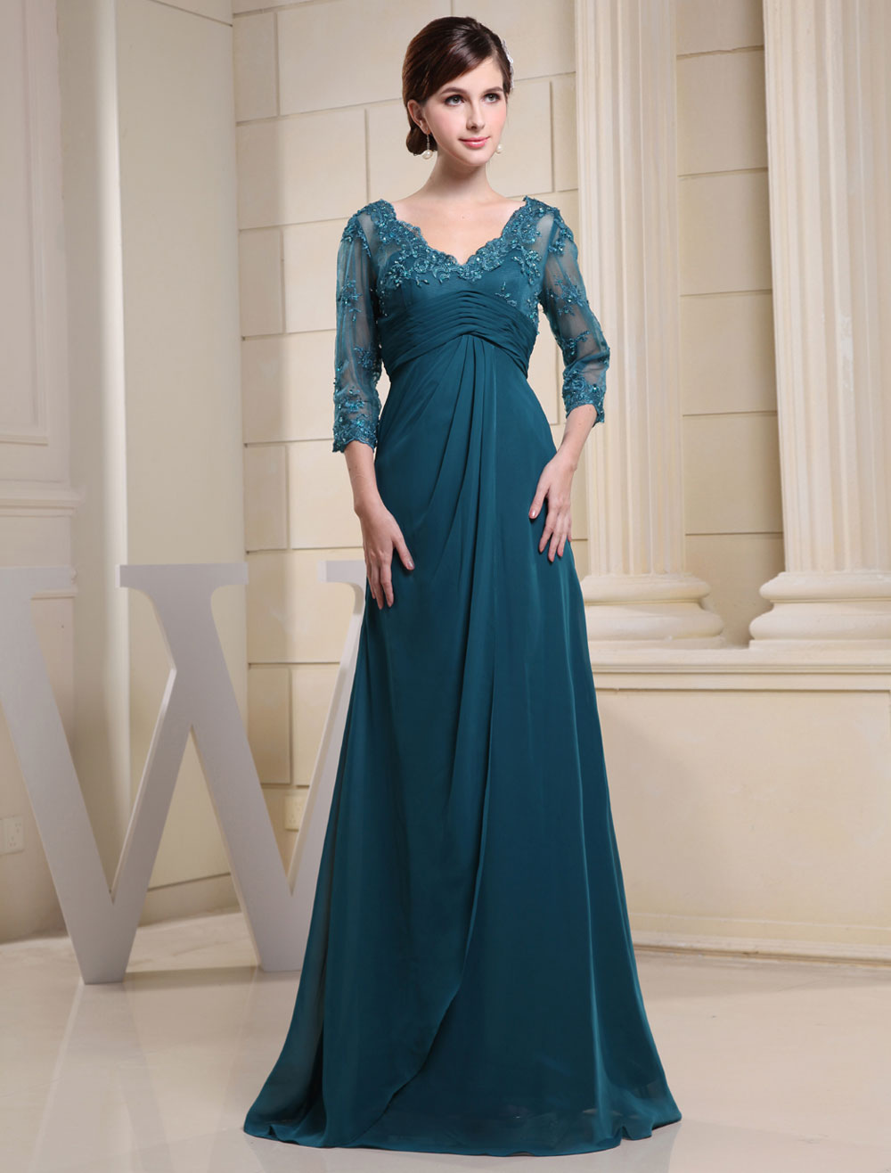 Teal Applique Beaded Long Sleeves Bridesmaid Dress