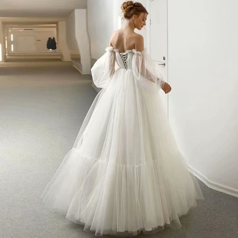 White Off Shoulder Long Sleeves Wedding Dress