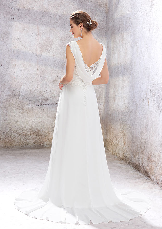 White A-Line Applique Beaded Sleeveless Long Wedding Dress