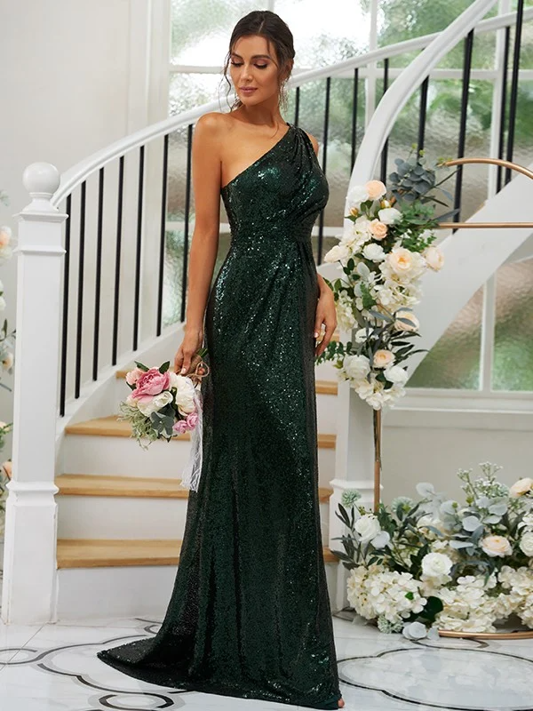 Sequin Oblique Shoulder Sleeveless Maxi Bridesmaid Dress