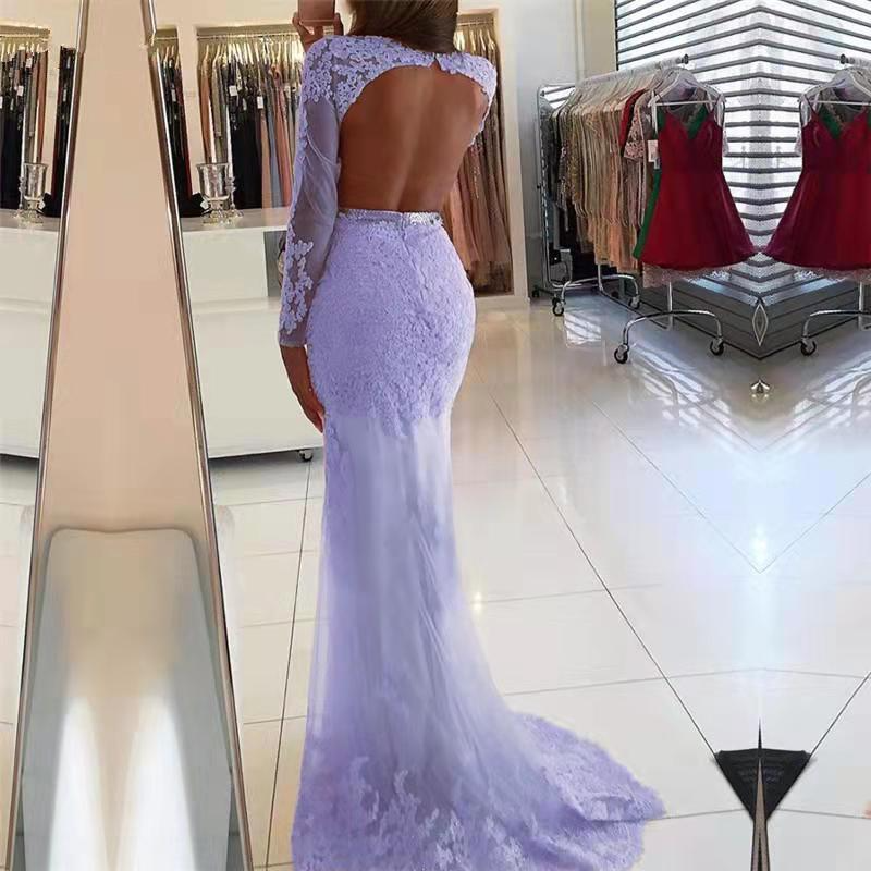 Lace Applique Backless Evening Dress