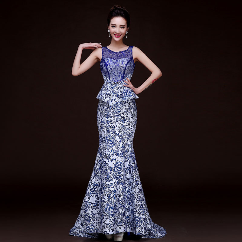 Blue Printed Backless Fishtail Long Evening Dress