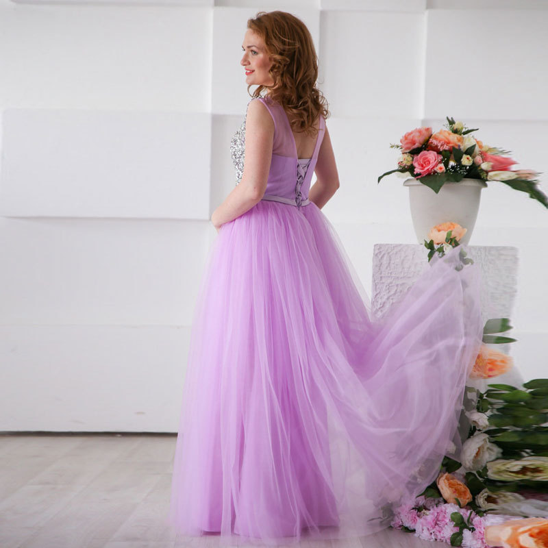 Purple Bead Pleated Evening Dress