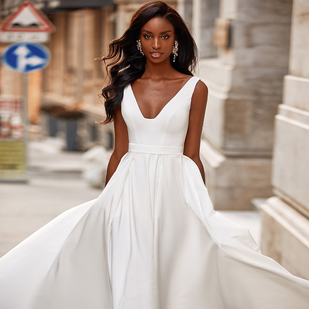 White Deep V Neck Sleeveless Long Evening Slit Dress