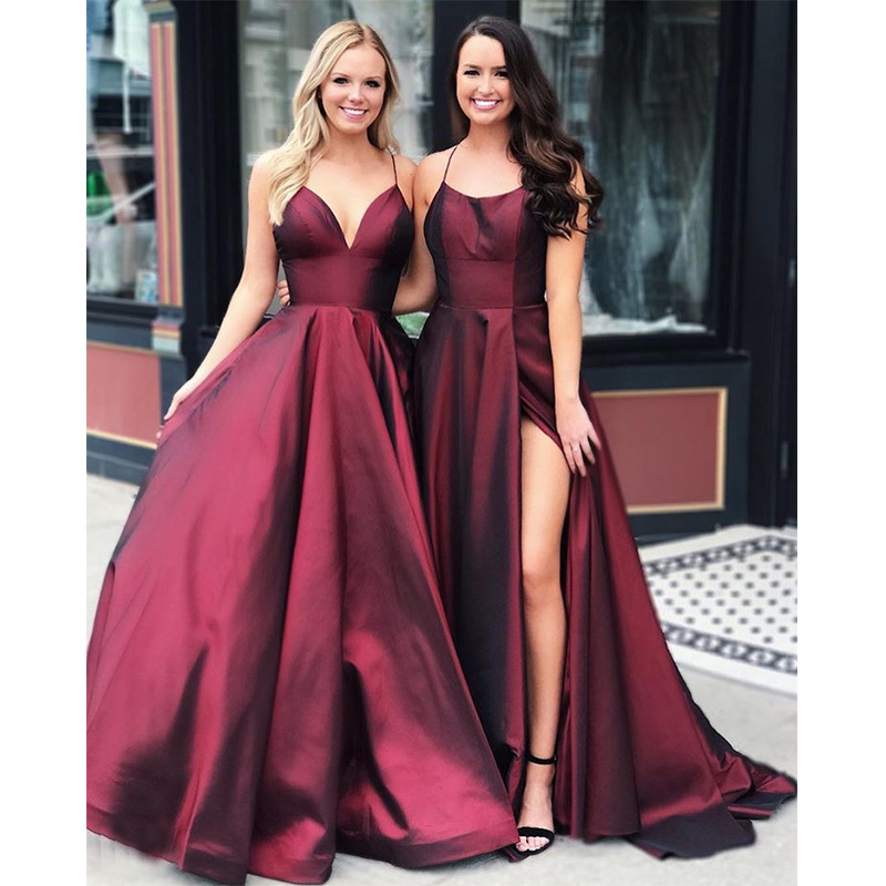 Burgundy Satin Spaghetti Strap Bridesmaid Dress