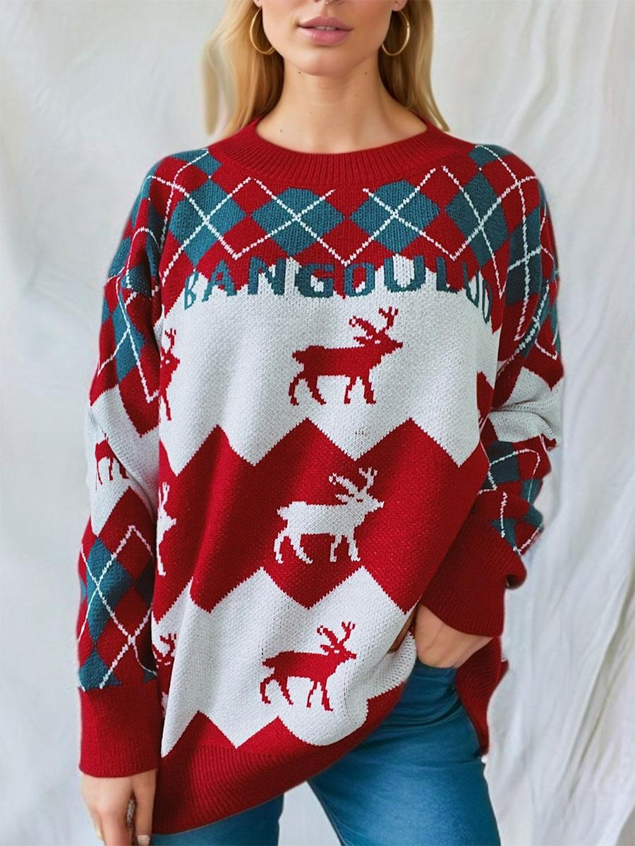 Knitted Elk Printed Pullover Sweater