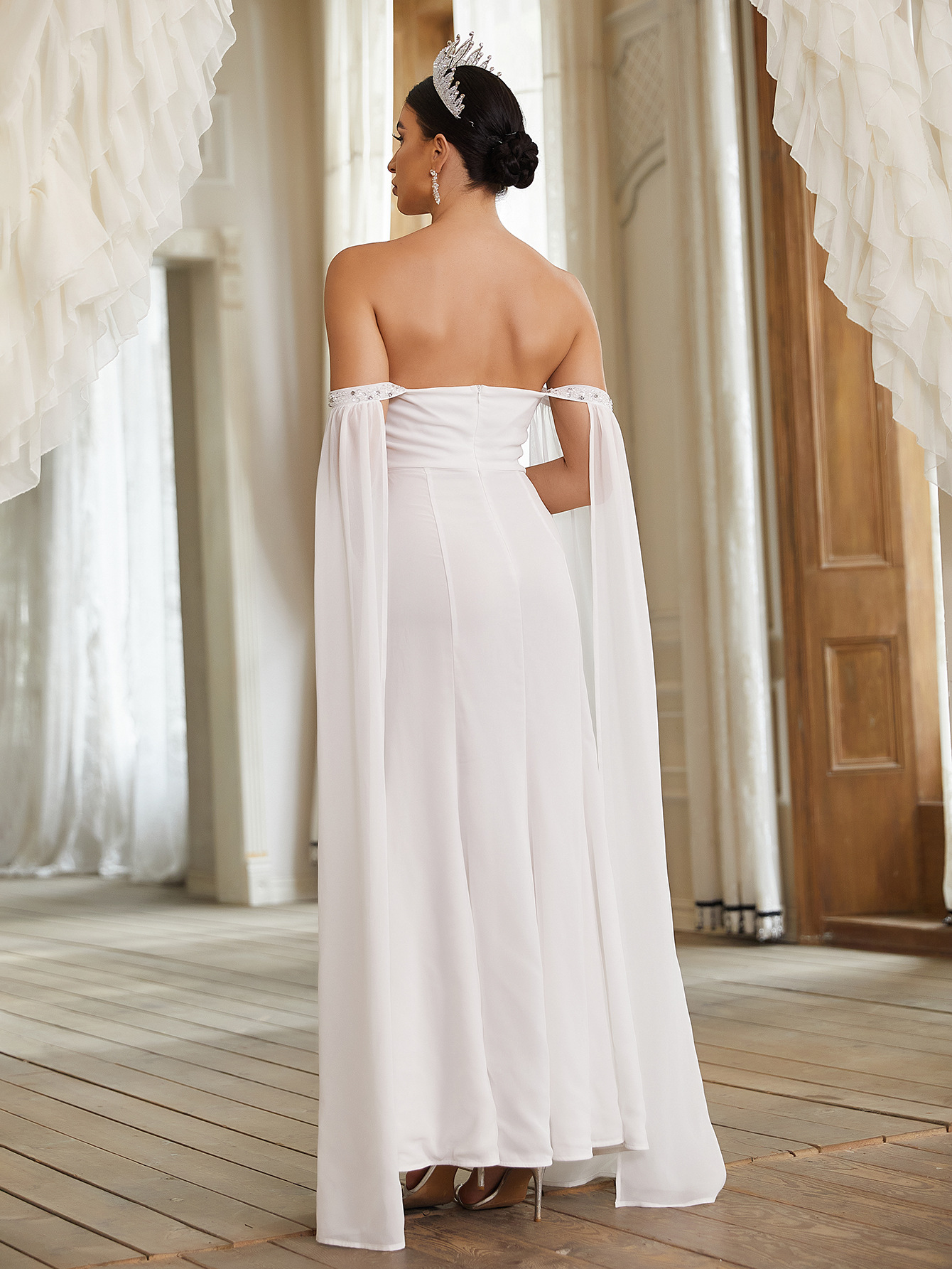 Off-Shoulder Long Sleeves Slit Wedding Dress