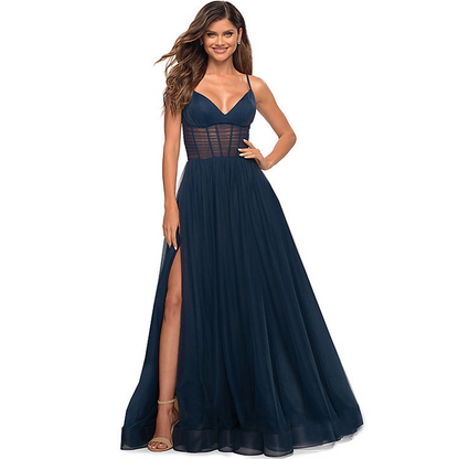 Deep V Neck Sleeveless Pleated Long Evening Slit Dress