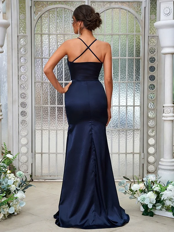 Simple Deep V-Neck Sleeveless Maxi Bridesmaid Slit Dress