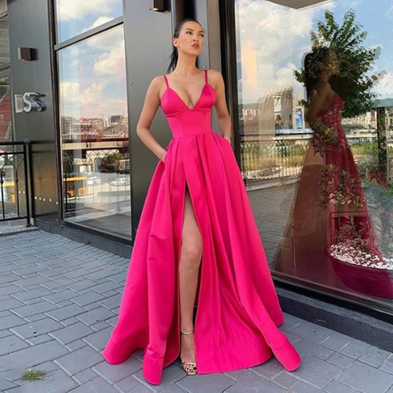 Spaghetti Strap Sleeveless V Neck Long Evening Slit Dress