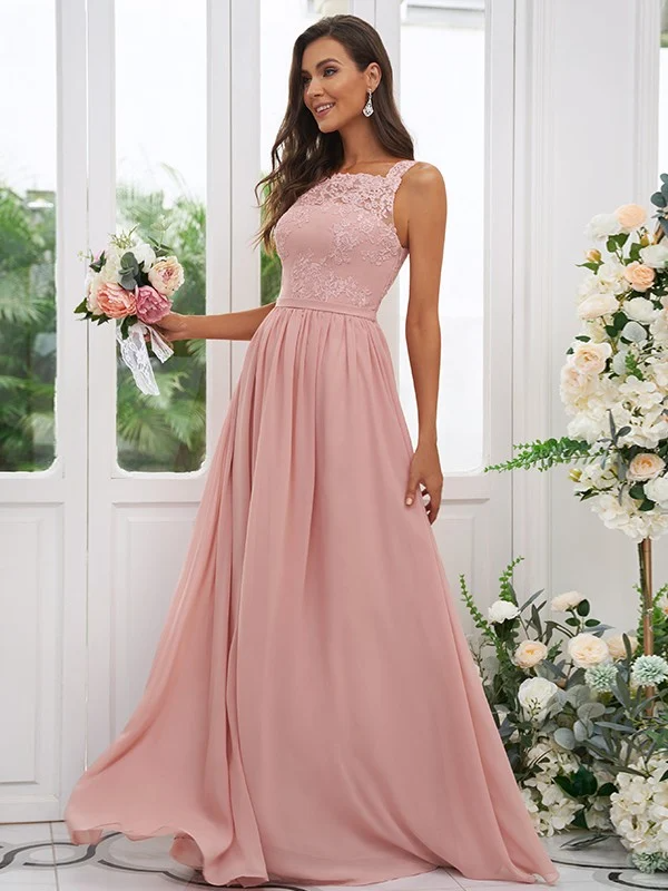 Lace Applique Square Neck Sleeveless Maxi Bridesmaid Dress