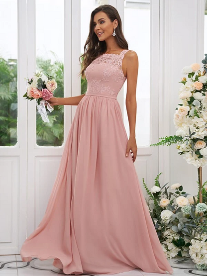 Lace Applique Square Neck Sleeveless Maxi Bridesmaid Dress